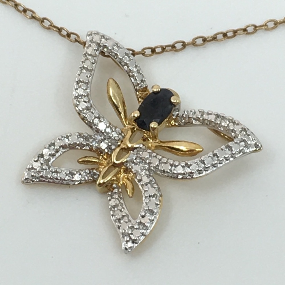 18K Gold Over .925 Silver Sapphire And Diamond Butterfly Necklace Signed